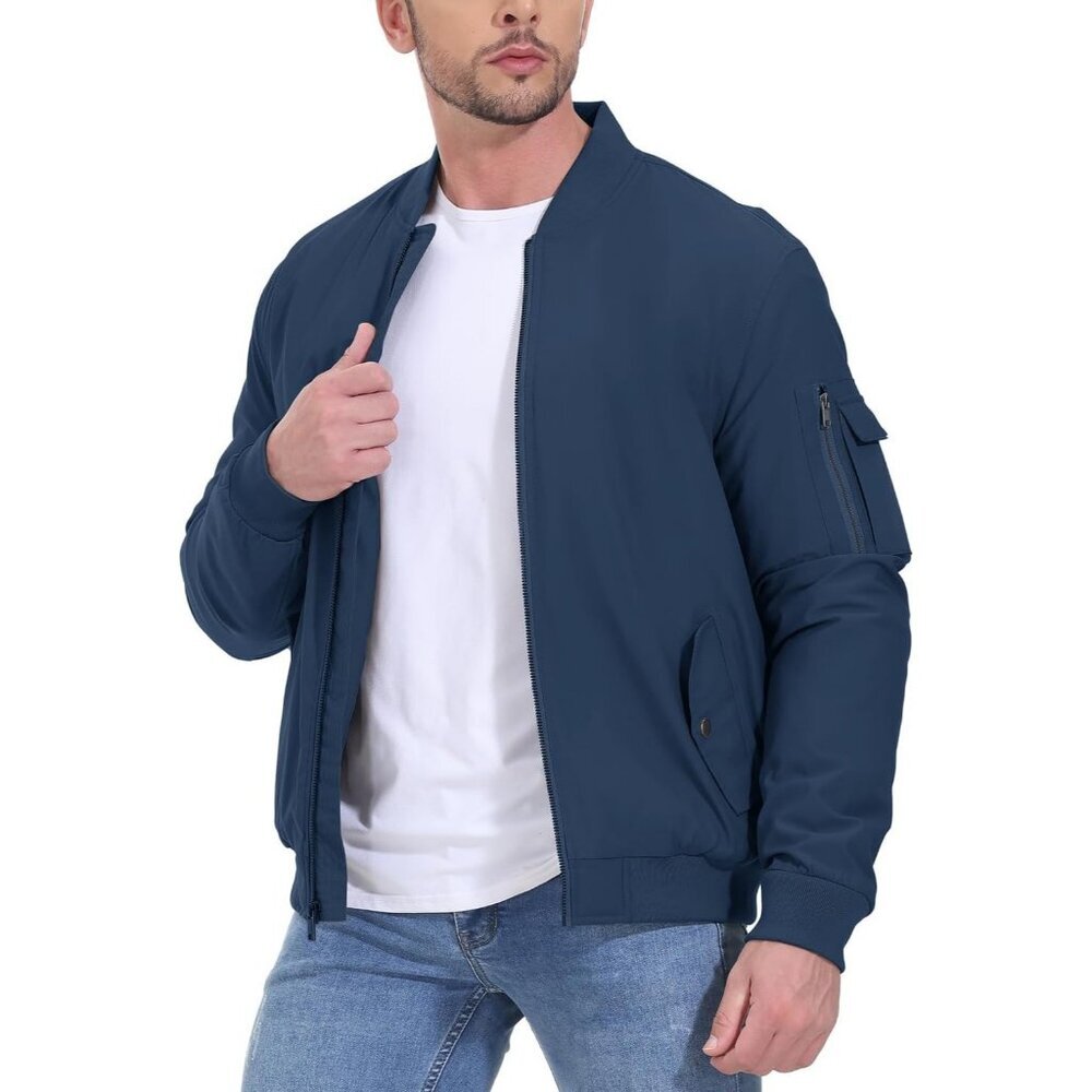 Men's Dark Navy Blue Windproof Quilted Bomber Jacket Coats Warm Winter Outwear - Picture 4 of 6